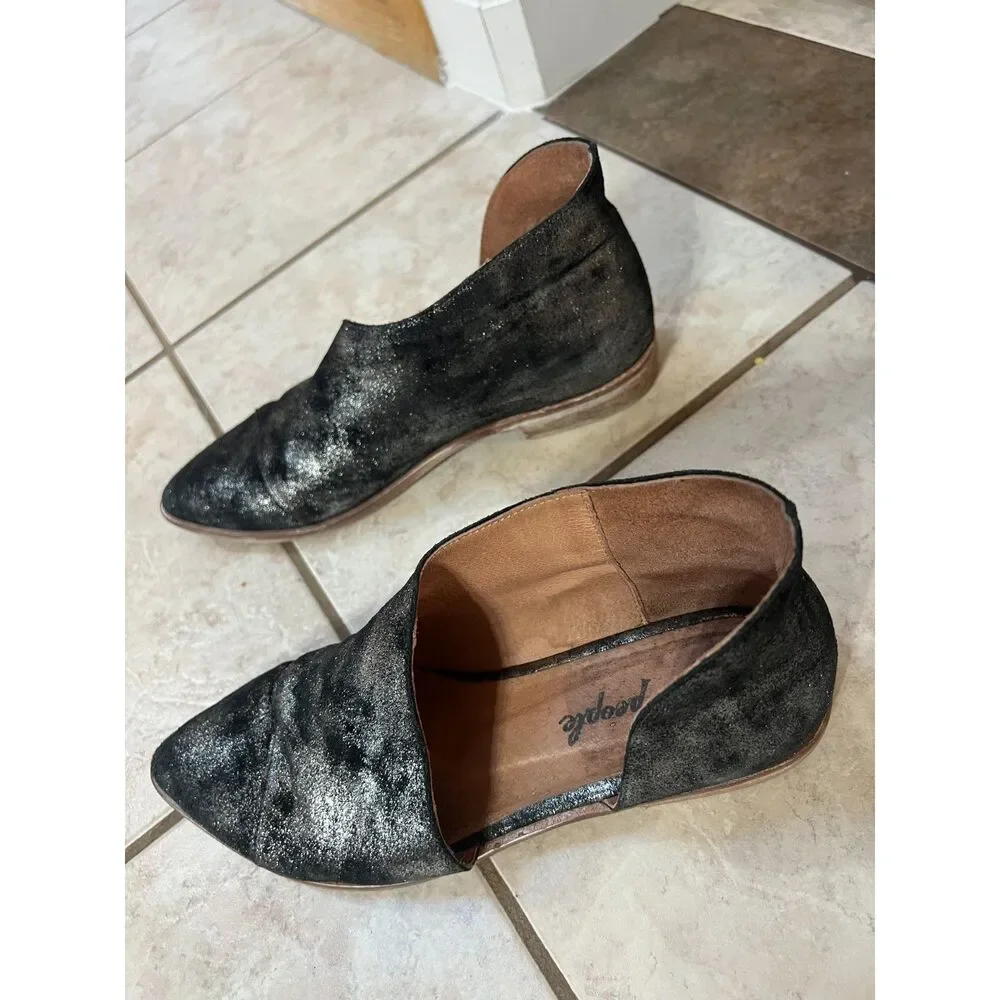 Free People Royale Flat Onyx Black Pointed Metallic Loafers Womens 8.5 EU 39